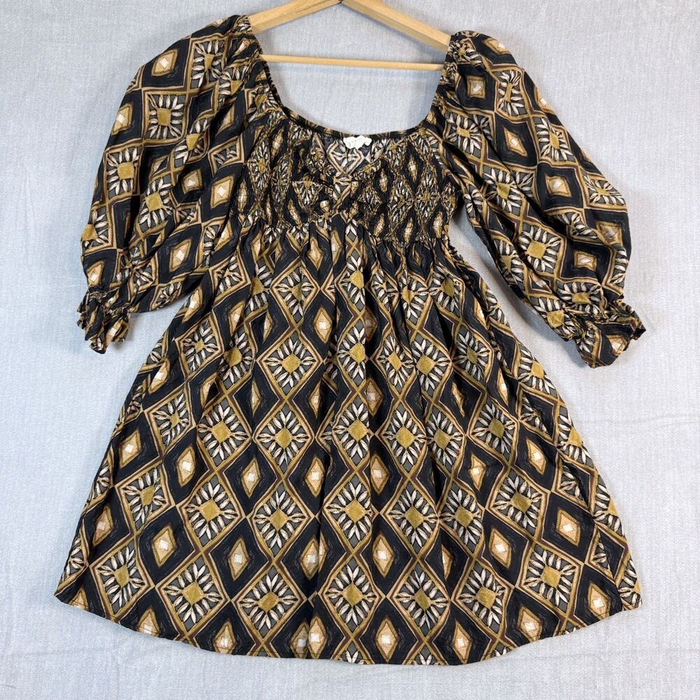Promesa Boho Geometric Smocked Mini Dress S Whimsigoth Puff Sleeve